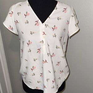 LOFT White Floral Short-Sleeve V-Neck Henley Blouse